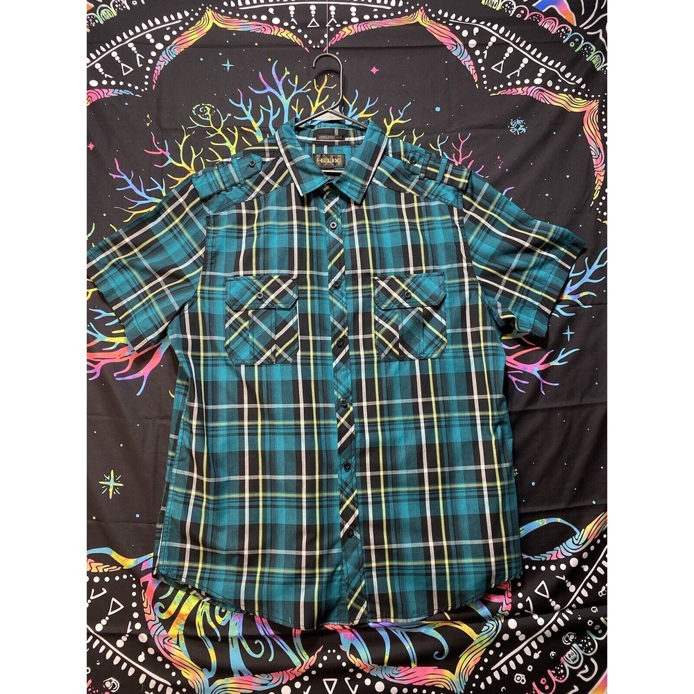 Helix Athletic Fit Button Up Shirt Mens XL Green Black Yellow Plaid Pockets